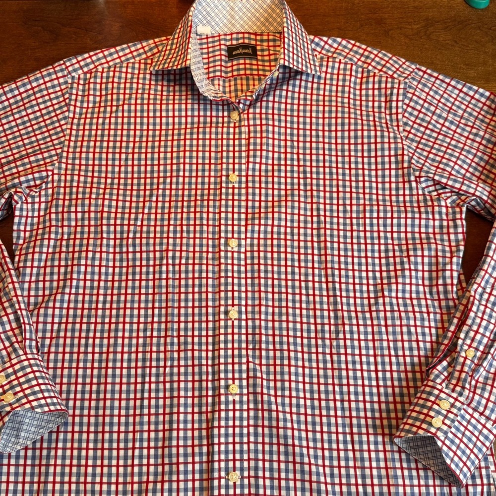 Neiman Marcus Men Red Blue Plaid Check Button Down LS Dress Shirt Medium